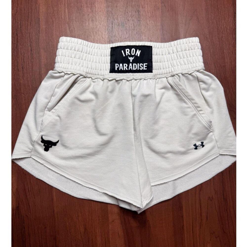Under Armour Project Rock Shorts Womens XS Cream Terry Pull On HeatGear Loose